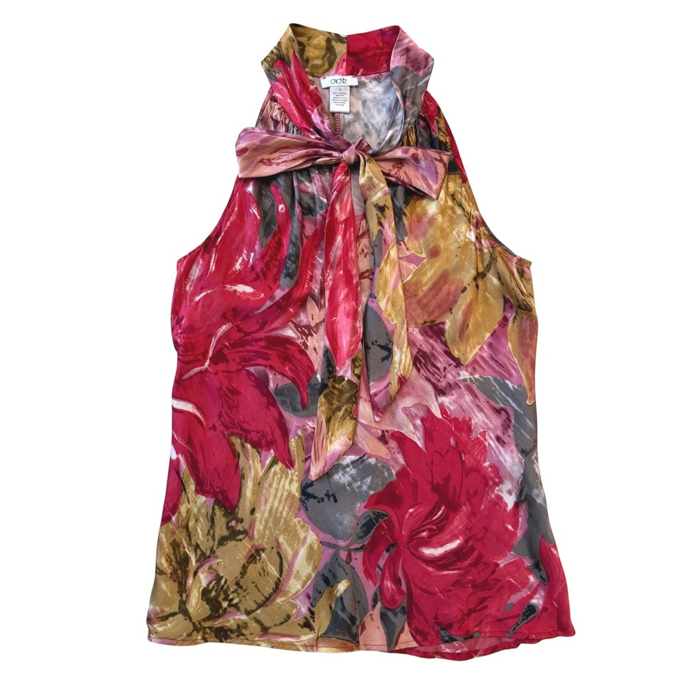 Vintage Cache Y2K 100% Silk Abstract Watercolor Floral Halter Neck Tie Top M